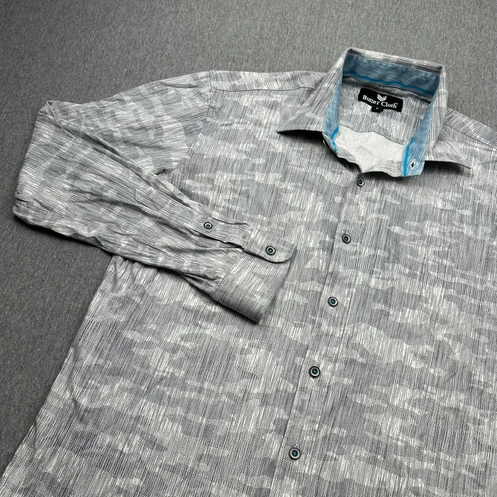 Butter Cloth Long Sleeve Button Up Shirt Mens Large Flip Cuff Gray Camo